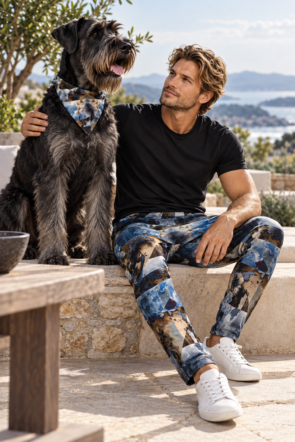 Spirit of Jezebel Mens Tracksuit Trousers — adult model with adult salt-and-pepper Giant Schnauzer, sitting alert beside its owner in matching artwork.