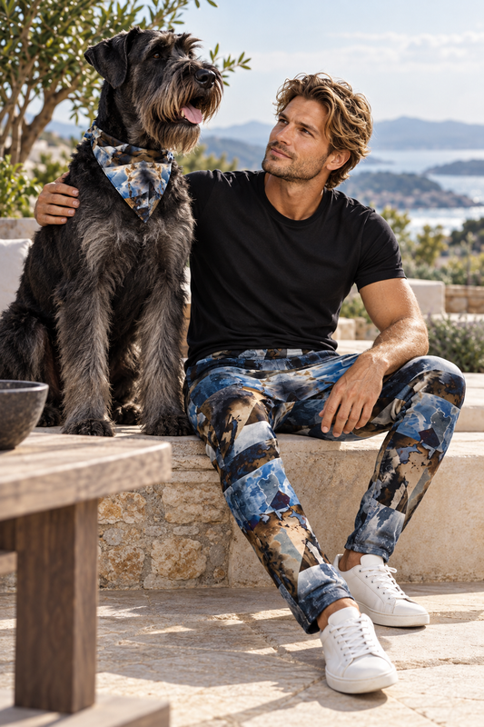 Spirit of Jezebel Mens Tracksuit Trousers — adult model with adult salt-and-pepper Giant Schnauzer, sitting alert beside its owner in matching artwork.