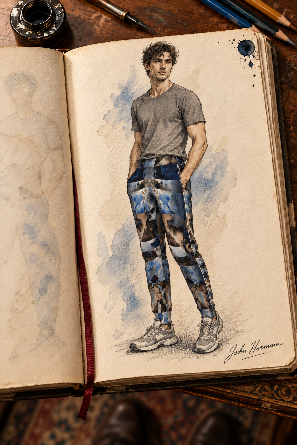 Spirit of Jezebel Mens Tracksuit Trousers — hand-drawn designer Handbook, three-quarter front, Rox Sports Jersey.