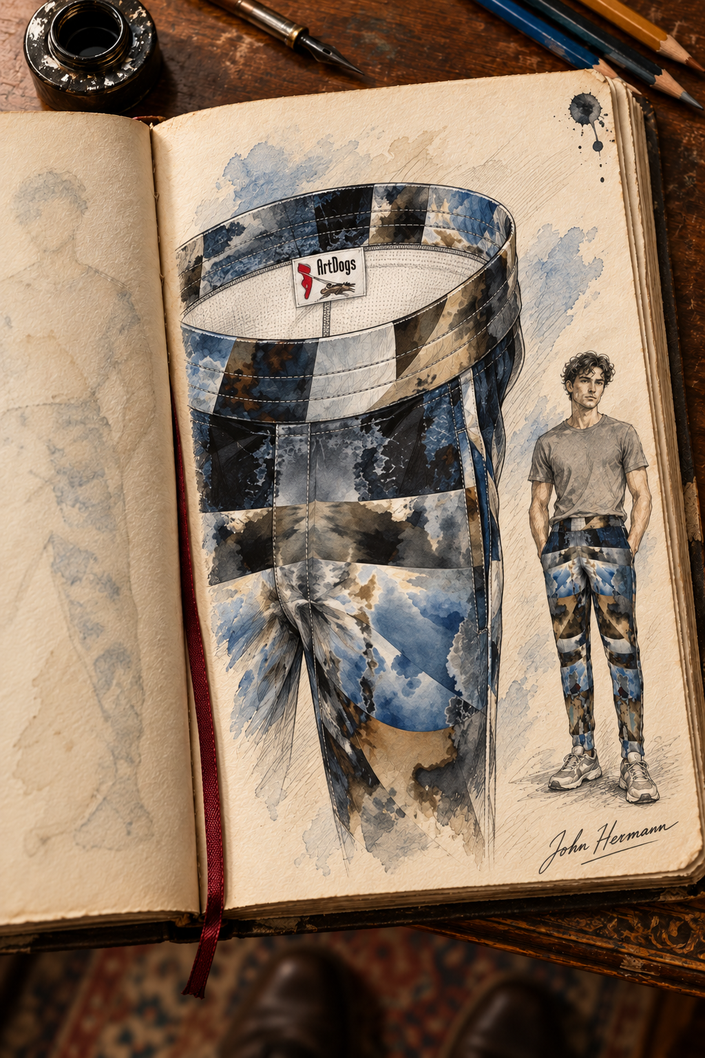 Spirit of Jezebel Mens Tracksuit Trousers — hand-drawn designer Handbook, front waistband close-up, Rox Sports Jersey.