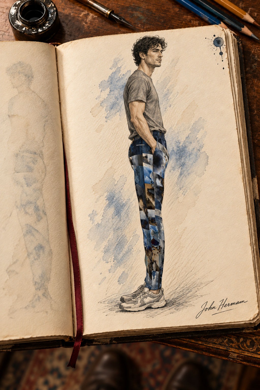 Spirit of Jezebel Mens Tracksuit Trousers — hand-drawn designer Handbook, right full-length profile, Rox Sports Jersey.