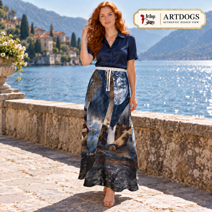 Spirit of Jezebel Maxi Skirt — Authentic front — styled midnight navy tailored silk blouse
