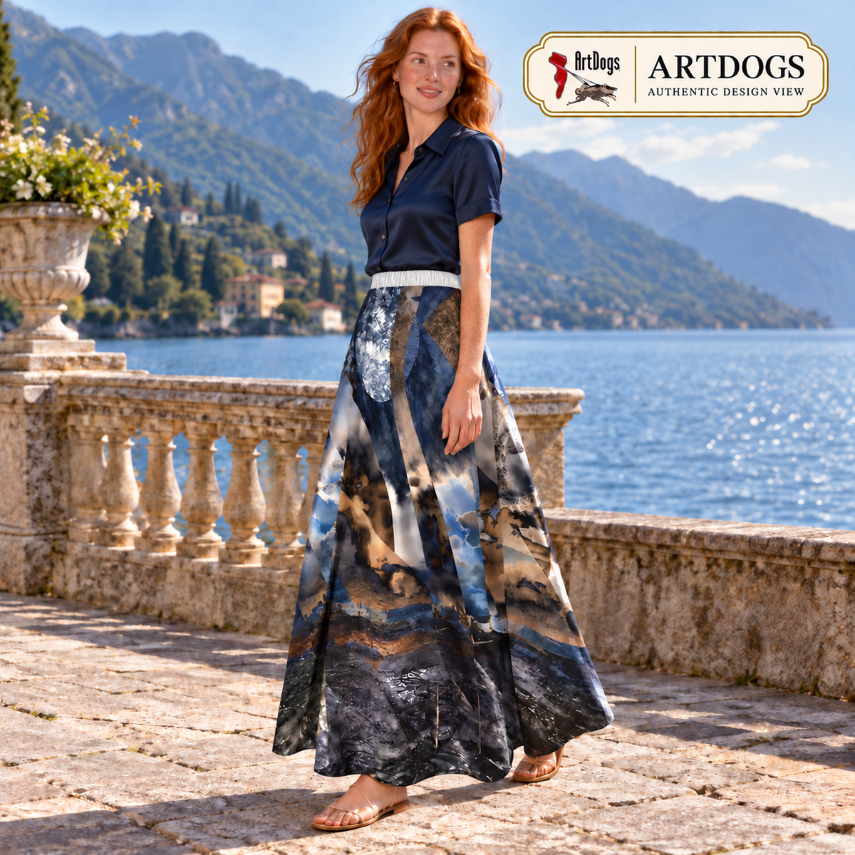 Spirit of Jezebel Maxi Skirt — Authentic right-three-quarter — styled midnight navy tailored silk blouse