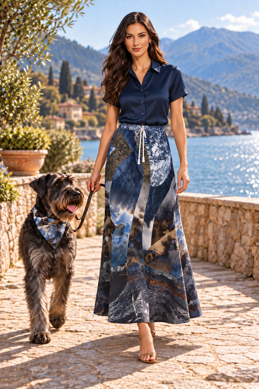 Spirit of Jezebel Maxi Skirt — Fashion owner-and-dog — styled midnight navy tailored silk blouse