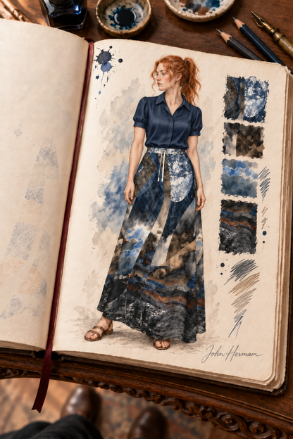 Spirit of Jezebel Maxi Skirt — Handbook front — styled midnight navy tailored silk blouse