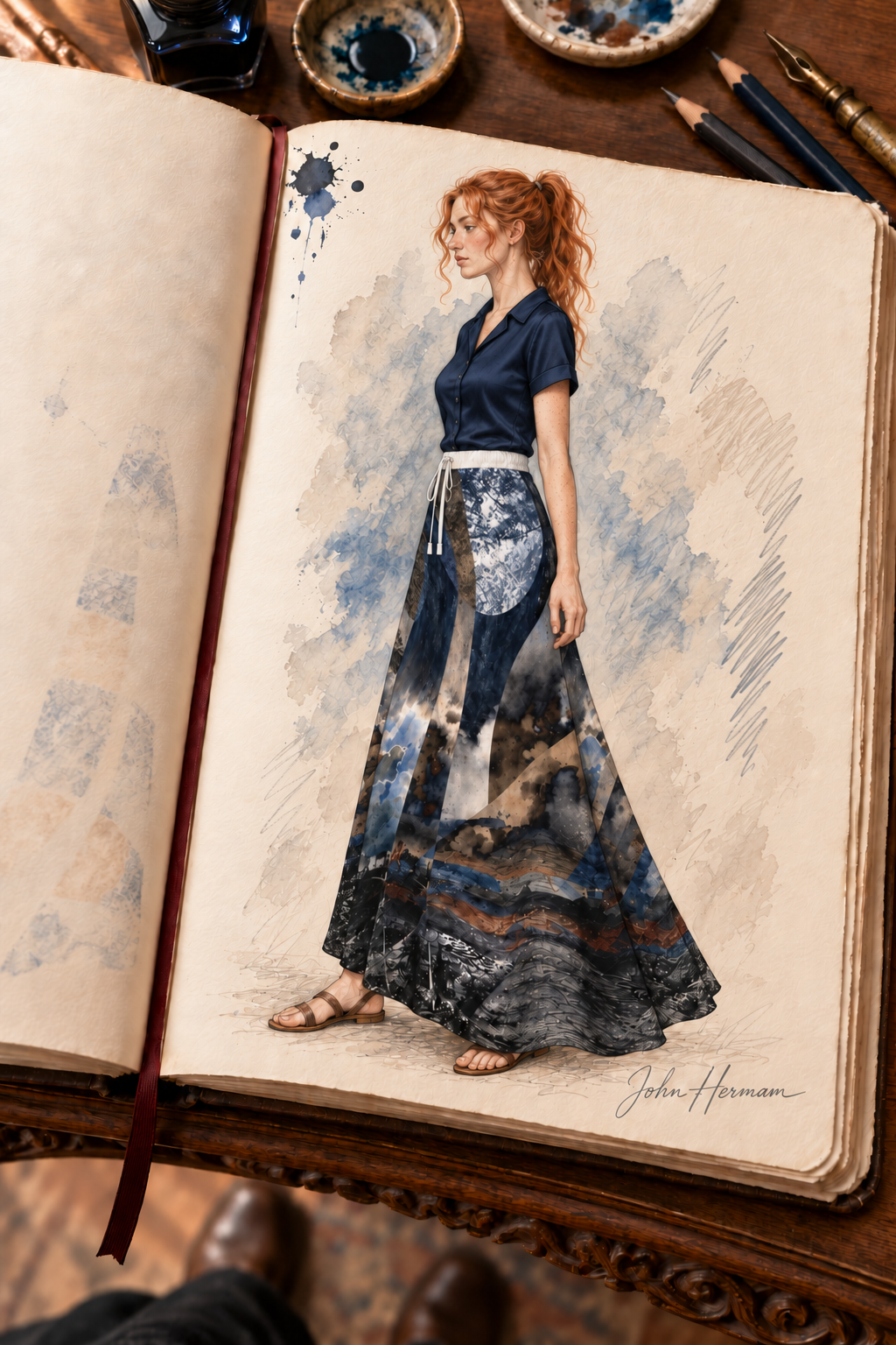 Spirit of Jezebel Maxi Skirt — Handbook left-three-quarter — styled midnight navy tailored silk blouse