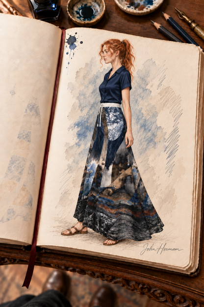 Spirit of Jezebel Maxi Skirt — Handbook left-three-quarter — styled midnight navy tailored silk blouse