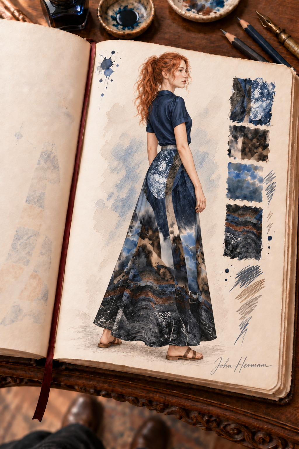 Spirit of Jezebel Maxi Skirt — Handbook right-three-quarter — styled midnight navy tailored silk blouse