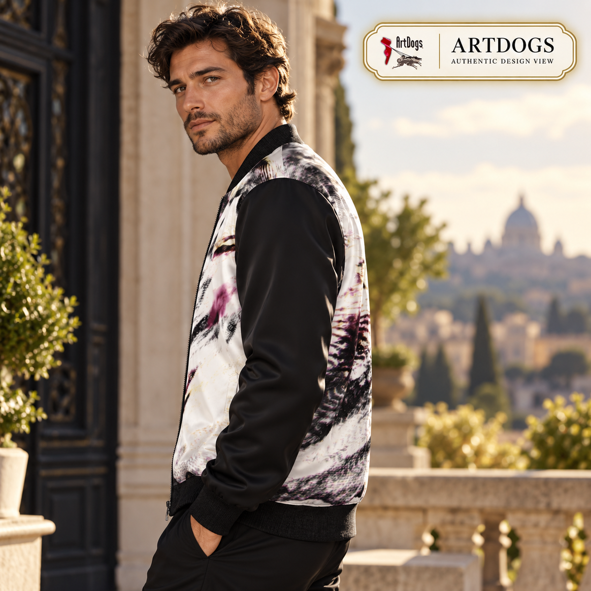 ArtDogs Authentic Design View, Spirit of the Age reversible silk bomber,  side b left