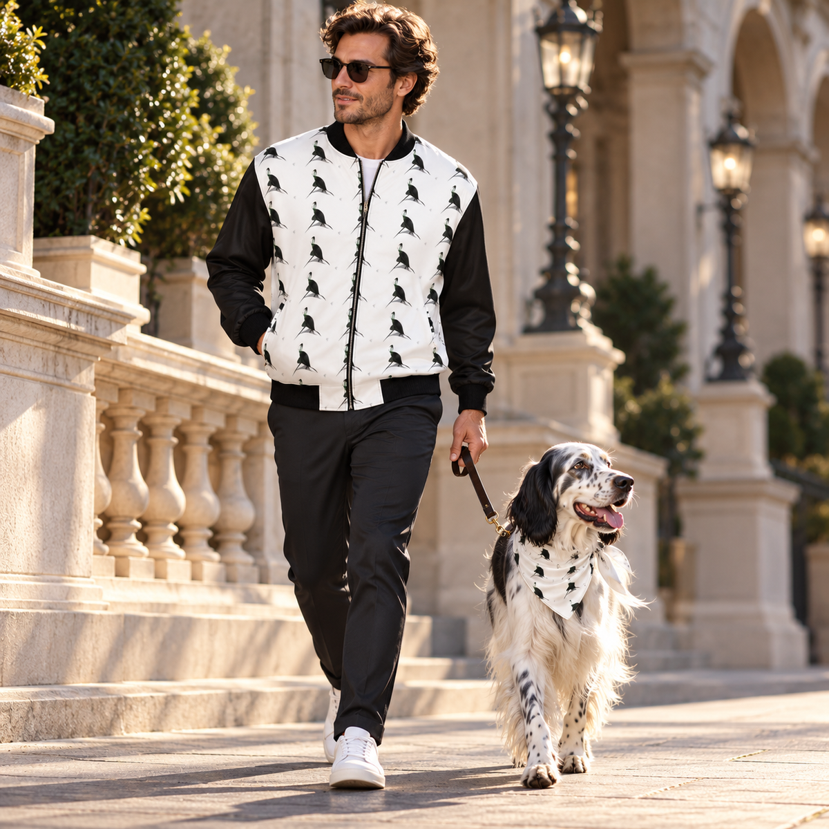 Man in Spirit of the Age reversible silk bomber walking an English Setter in matching artwork bandana