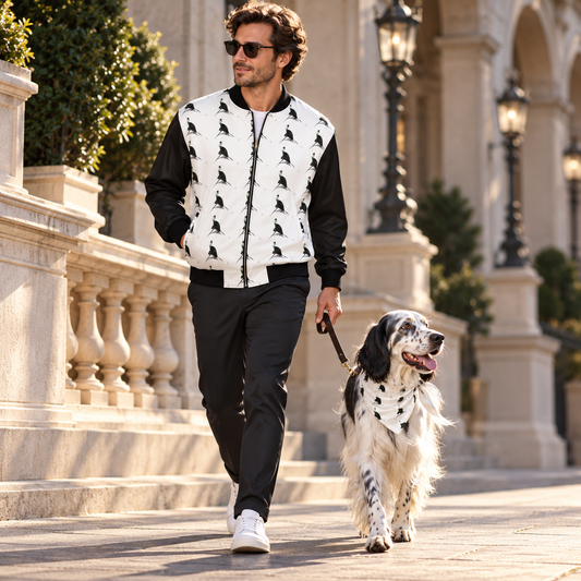 Man in Spirit of the Age reversible silk bomber walking an English Setter in matching artwork bandana
