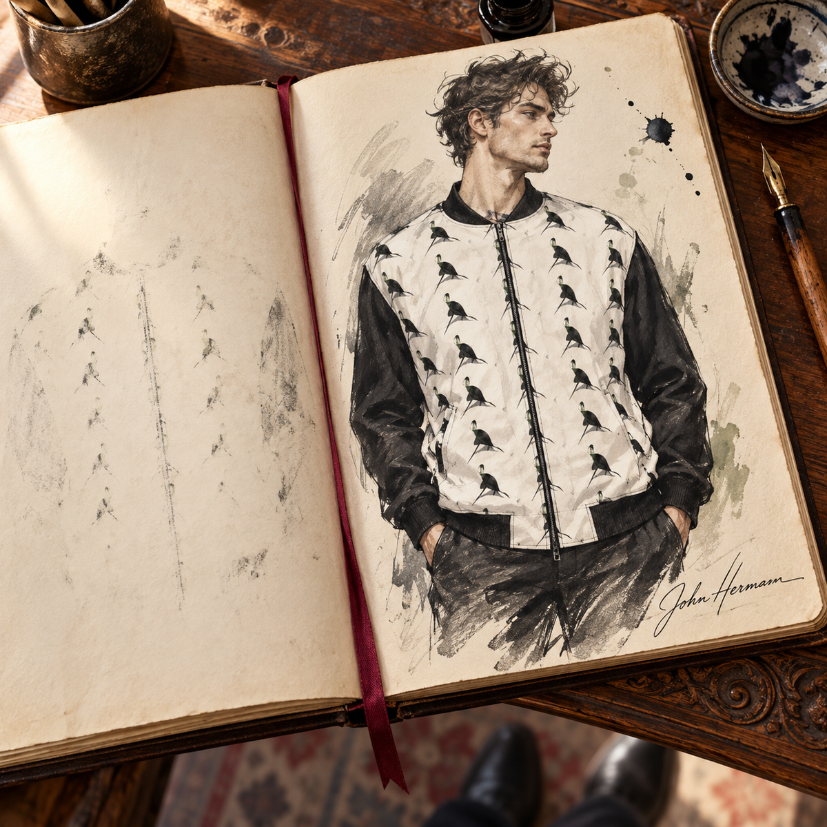 ArtDogs Spirit of the Age reversible silk bomber, designer Handbook sketch, side a front