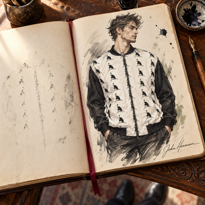 ArtDogs Spirit of the Age reversible silk bomber, designer Handbook sketch, side a front