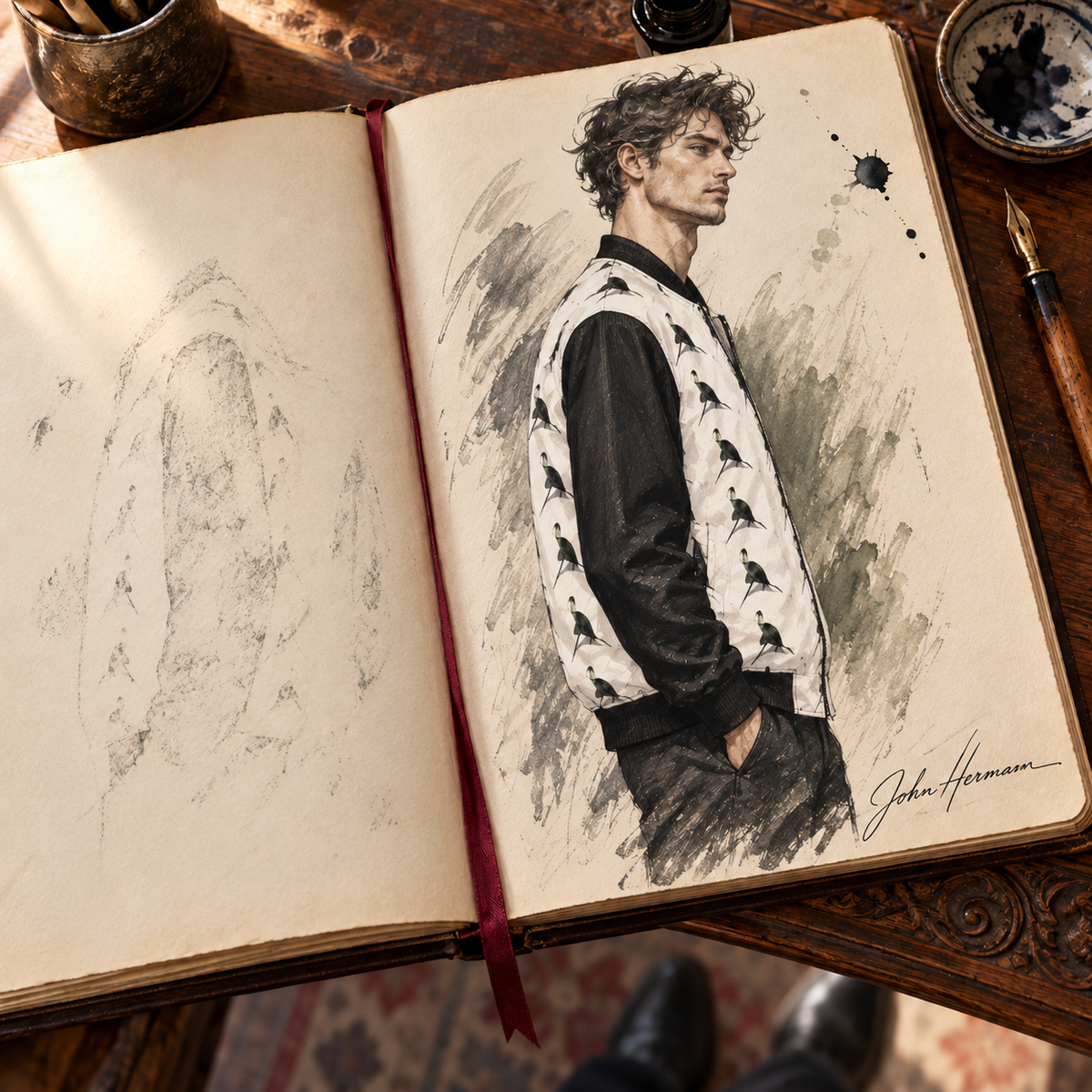 ArtDogs Spirit of the Age reversible silk bomber, designer Handbook sketch, side a left