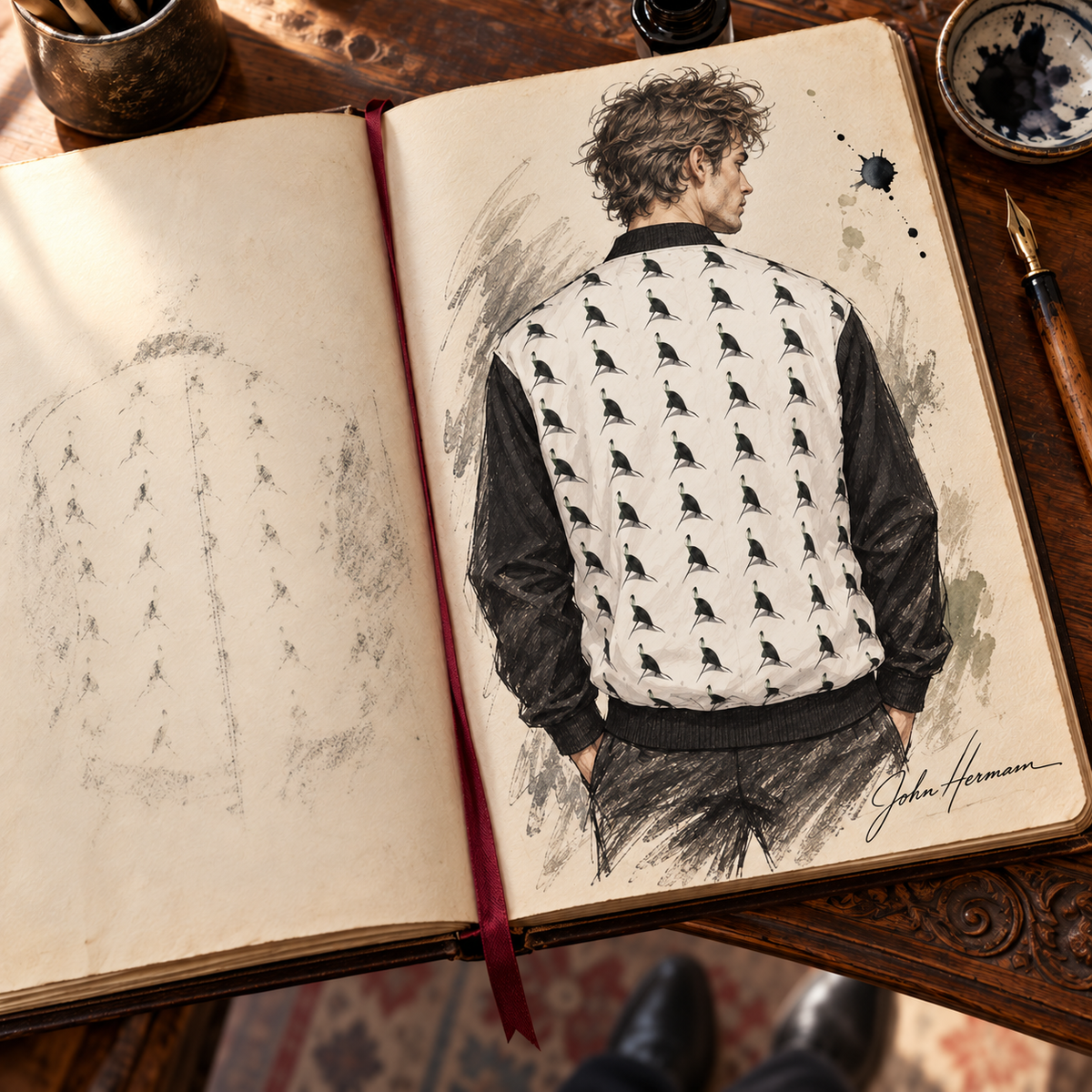 ArtDogs Spirit of the Age reversible silk bomber, designer Handbook sketch, side a back