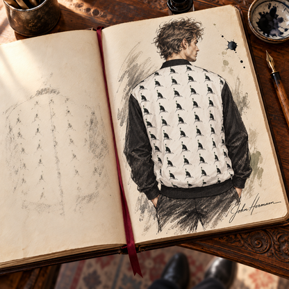 ArtDogs Spirit of the Age reversible silk bomber, designer Handbook sketch, side a back