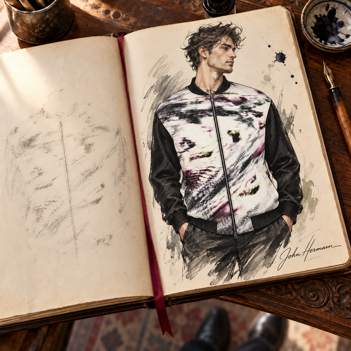 ArtDogs Spirit of the Age reversible silk bomber, designer Handbook sketch, side b front