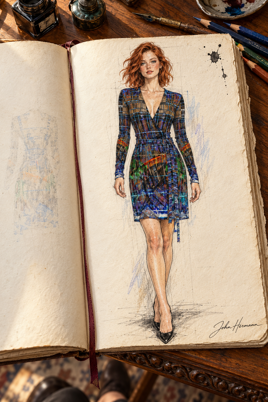 Temple of Time Above-the-Knee Wrap Dress — designer Handbook page 1, front full, above-the-knee dress illustrated in John Hermann’s sketchbook.