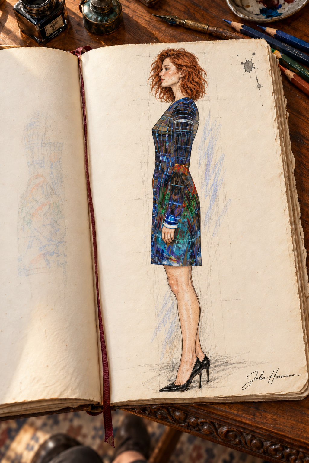Temple of Time Above-the-Knee Wrap Dress — designer Handbook page 2, left profile, above-the-knee dress illustrated in John Hermann’s sketchbook.