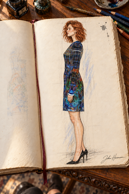 Temple of Time Above-the-Knee Wrap Dress — designer Handbook page 2, left profile, above-the-knee dress illustrated in John Hermann’s sketchbook.