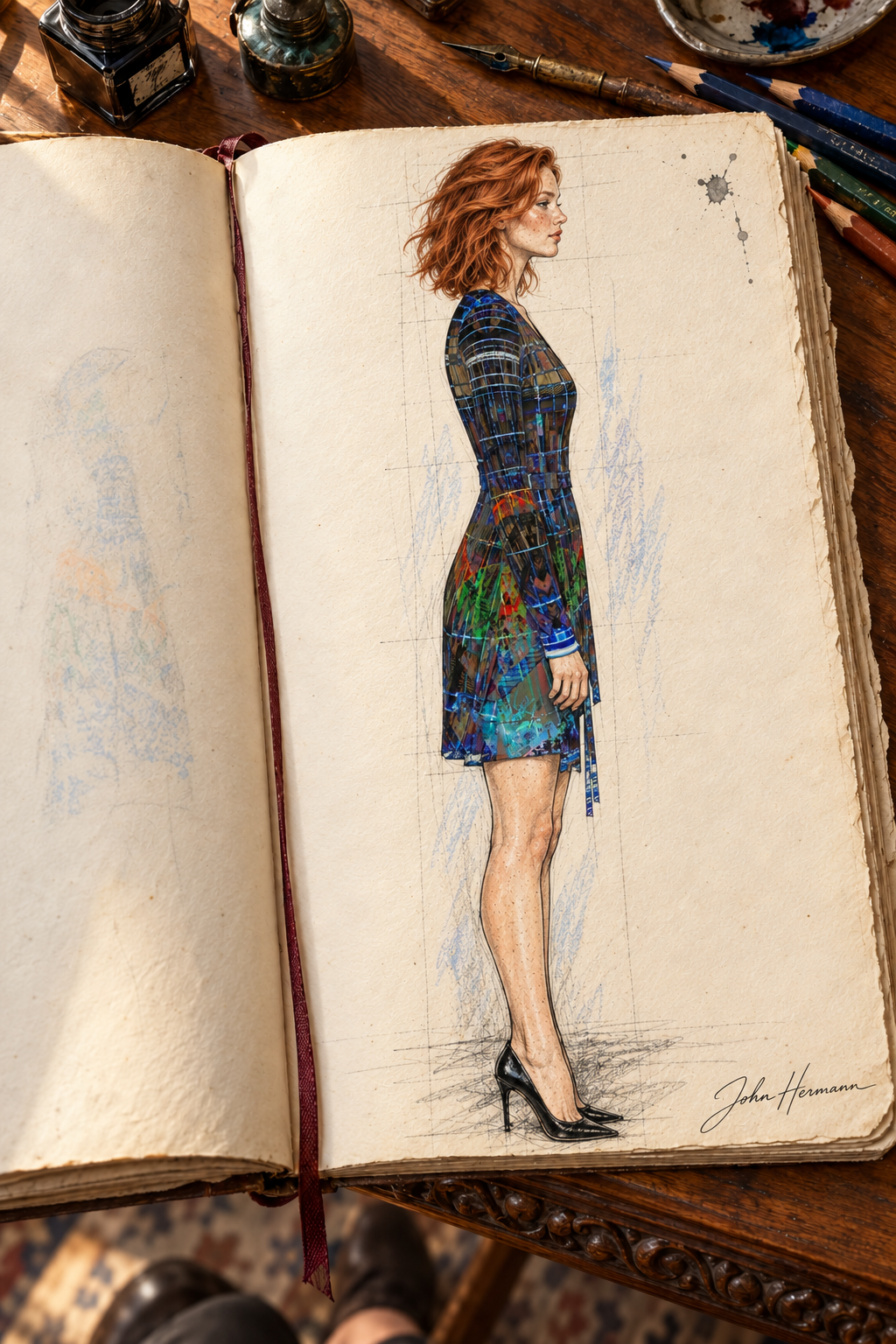 Temple of Time Above-the-Knee Wrap Dress — designer Handbook page 3, right profile, above-the-knee dress illustrated in John Hermann’s sketchbook.