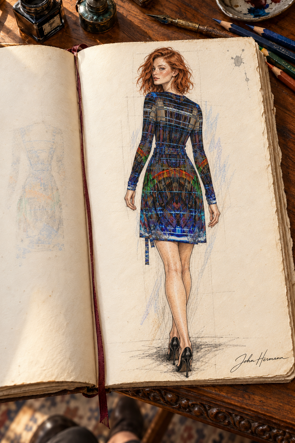 Temple of Time Above-the-Knee Wrap Dress — designer Handbook page 4, back full, above-the-knee dress illustrated in John Hermann’s sketchbook.