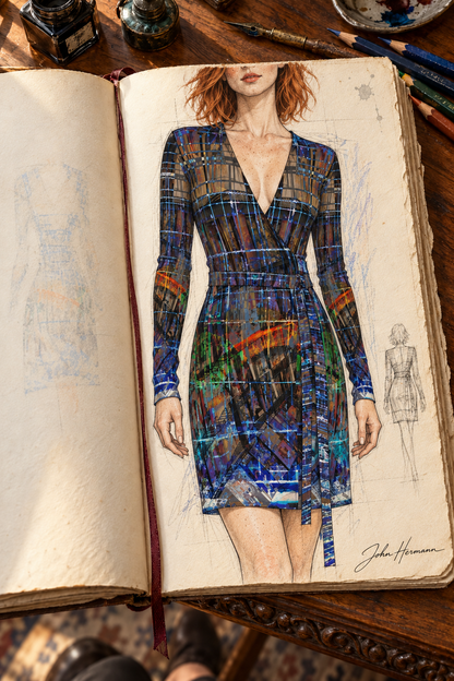 Temple of Time Above-the-Knee Wrap Dress — designer Handbook page 5, wrap construction, above-the-knee dress illustrated in John Hermann’s sketchbook.