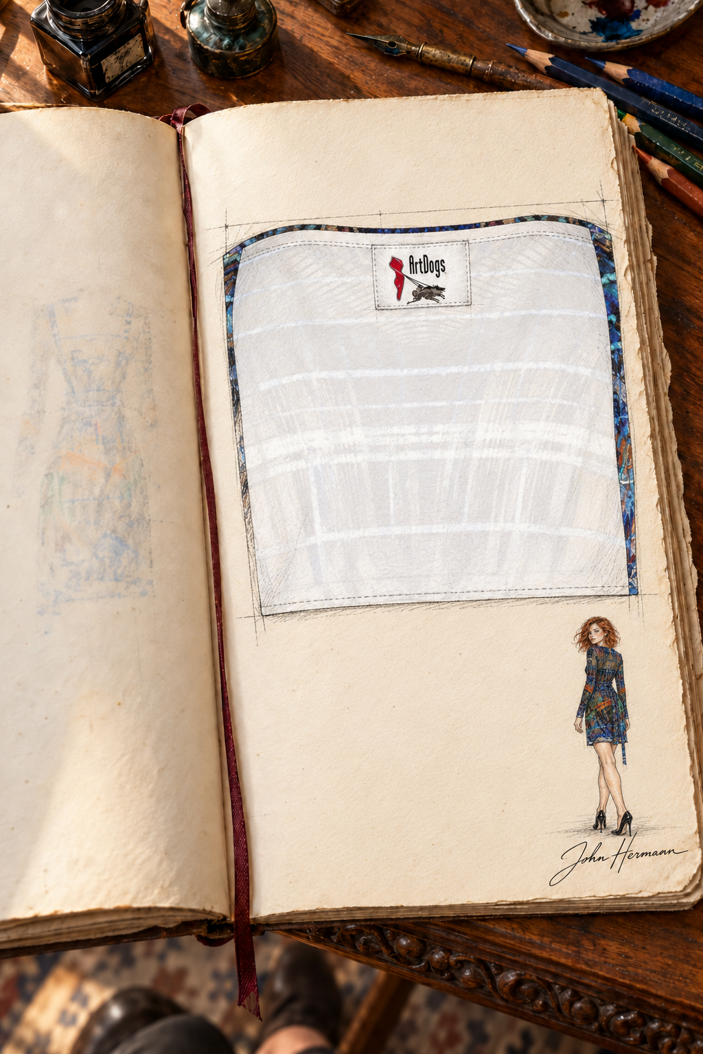 Temple of Time Above-the-Knee Wrap Dress — designer Handbook page 6, interior label, above-the-knee dress illustrated in John Hermann’s sketchbook.