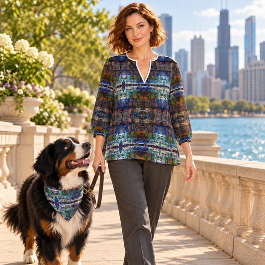 Temple of Time Women's Blouse — fashion photograph — Owner and Bernese Mountain Dog cover; owner with adult Bernese Mountain Dog wearing a matching artwork bandana