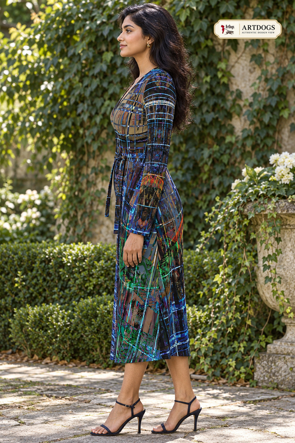 Temple of Time Calf or below -the-knee length Wrap Dress — Authentic Design View 2, left profile, faithful Temple of Time artwork on Solange Silky Jersey 6.34 oz.