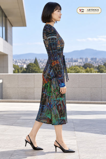 Temple of Time Calf or below -the-knee length Wrap Dress — Authentic Design View 3, right profile, faithful Temple of Time artwork on Solange Silky Jersey 6.34 oz.