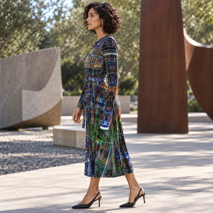 Temple of Time Calf or below -the-knee length Wrap Dress — left-profile fashion photograph, faithful Temple of Time artwork and calf-length wrap dress.