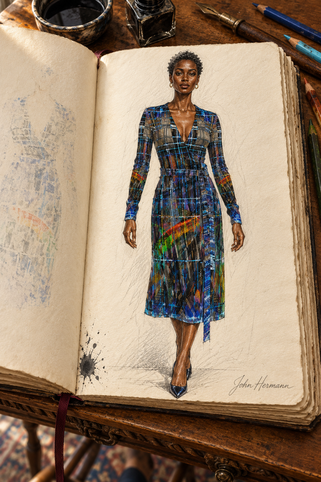 Temple of Time Calf or below -the-knee length Wrap Dress — designer Handbook page 1, front full, calf-length dress illustrated in John Hermann’s sketchbook.