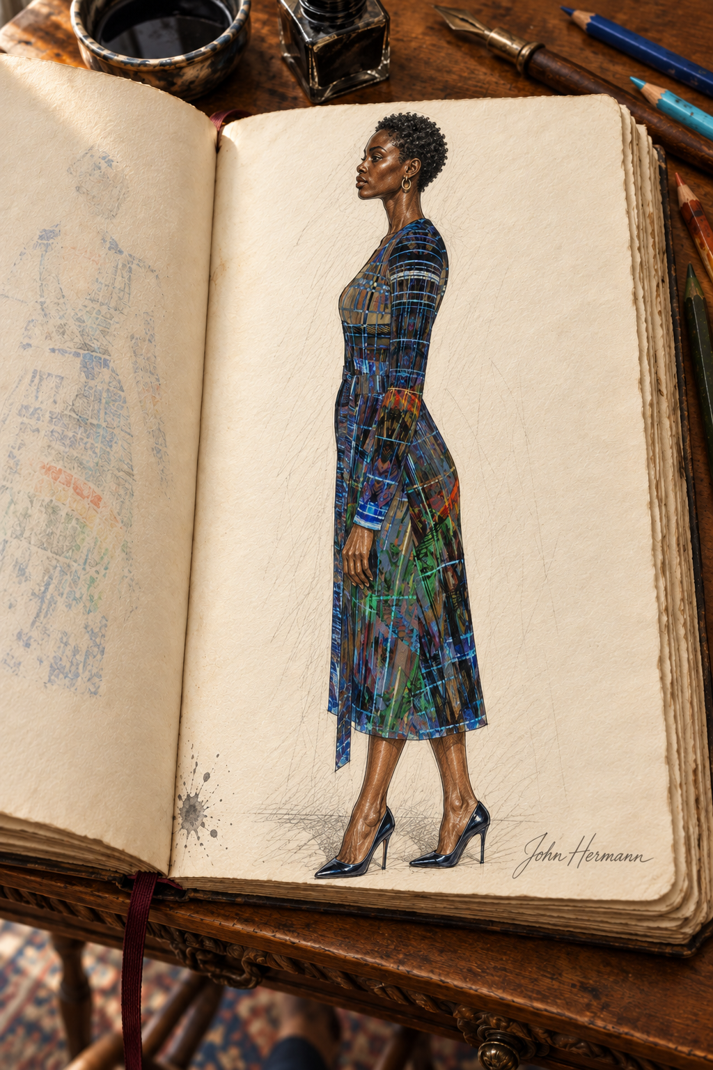 Temple of Time Calf or below -the-knee length Wrap Dress — designer Handbook page 2, left profile, calf-length dress illustrated in John Hermann’s sketchbook.