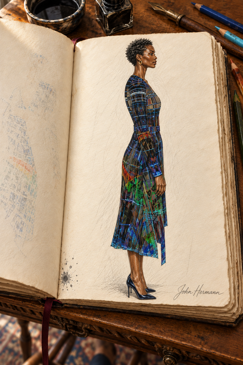 Temple of Time Calf or below -the-knee length Wrap Dress — designer Handbook page 3, right profile, calf-length dress illustrated in John Hermann’s sketchbook.