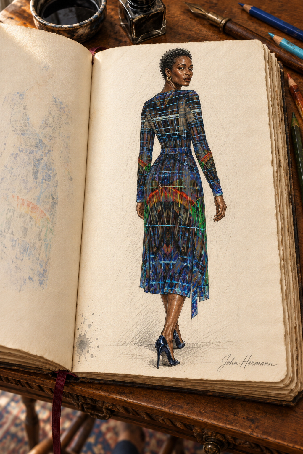 Temple of Time Calf or below -the-knee length Wrap Dress — designer Handbook page 4, back full, calf-length dress illustrated in John Hermann’s sketchbook.
