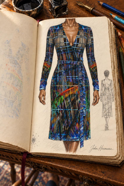 Temple of Time Calf or below -the-knee length Wrap Dress — designer Handbook page 5, wrap construction, calf-length dress illustrated in John Hermann’s sketchbook.