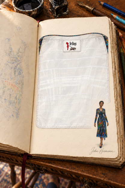 Temple of Time Calf or below -the-knee length Wrap Dress — designer Handbook page 6, interior label, calf-length dress illustrated in John Hermann’s sketchbook.