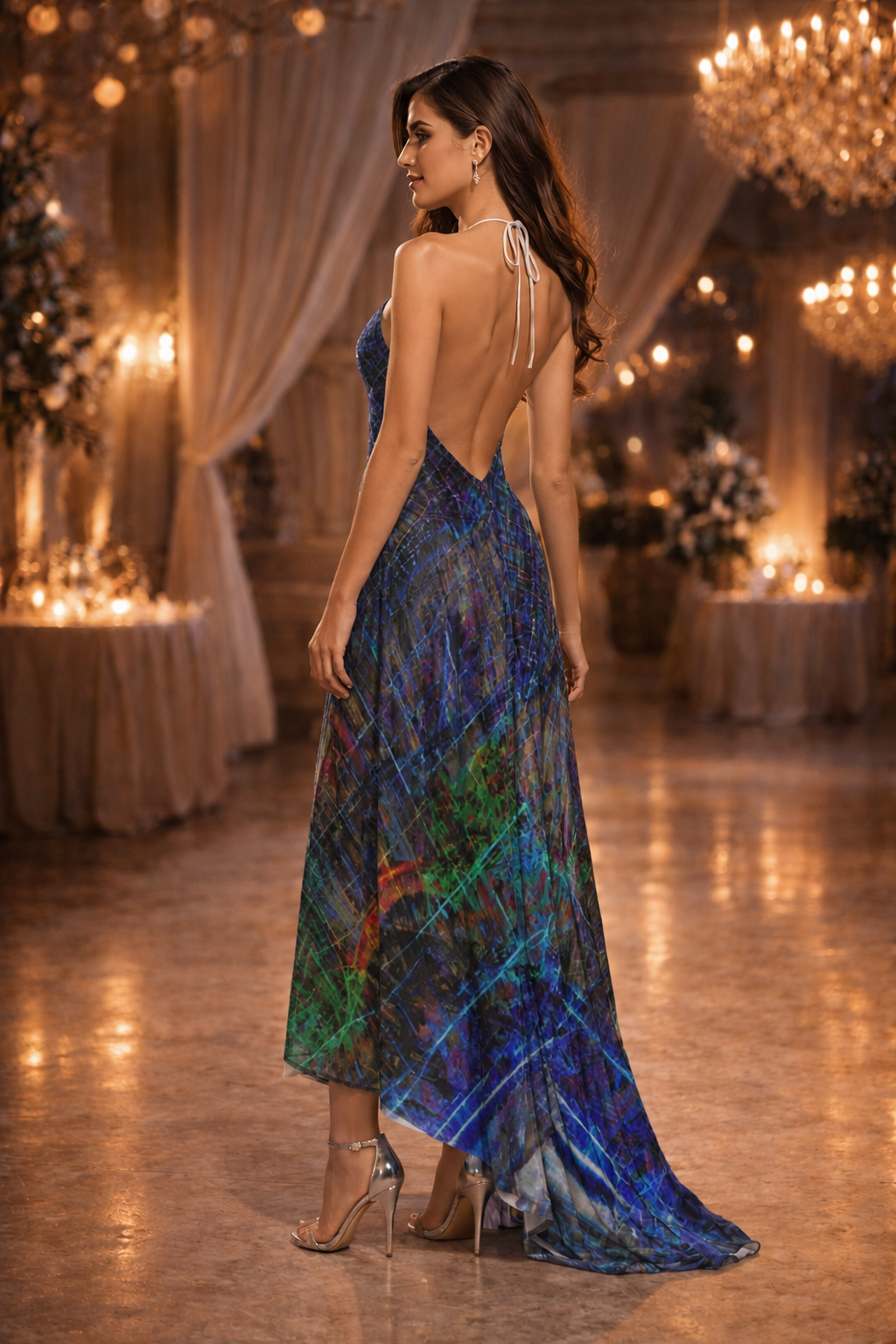 Temple of Time Halterneck Backless Dress — corrected photorealistic left view