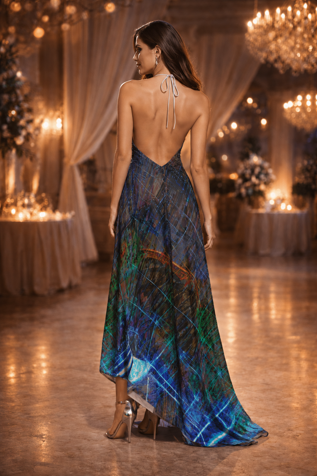 Temple of Time Halterneck Backless Dress — corrected photorealistic back view