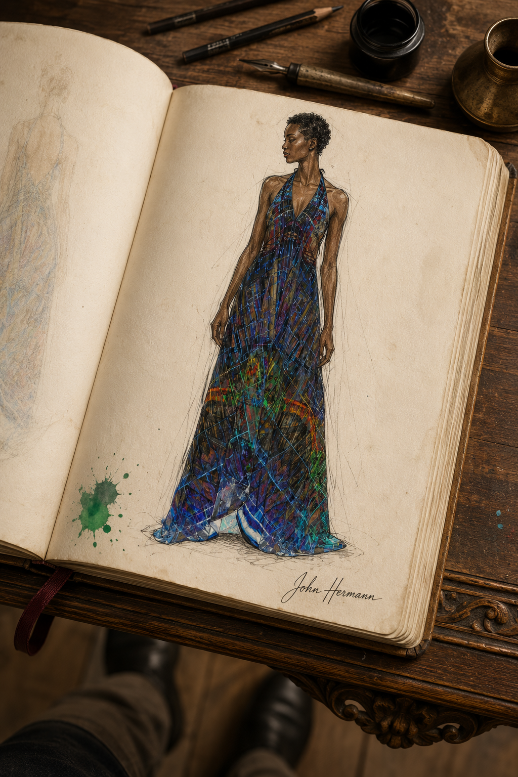 Temple of Time Halterneck backless dress — Handbook full-front sketch