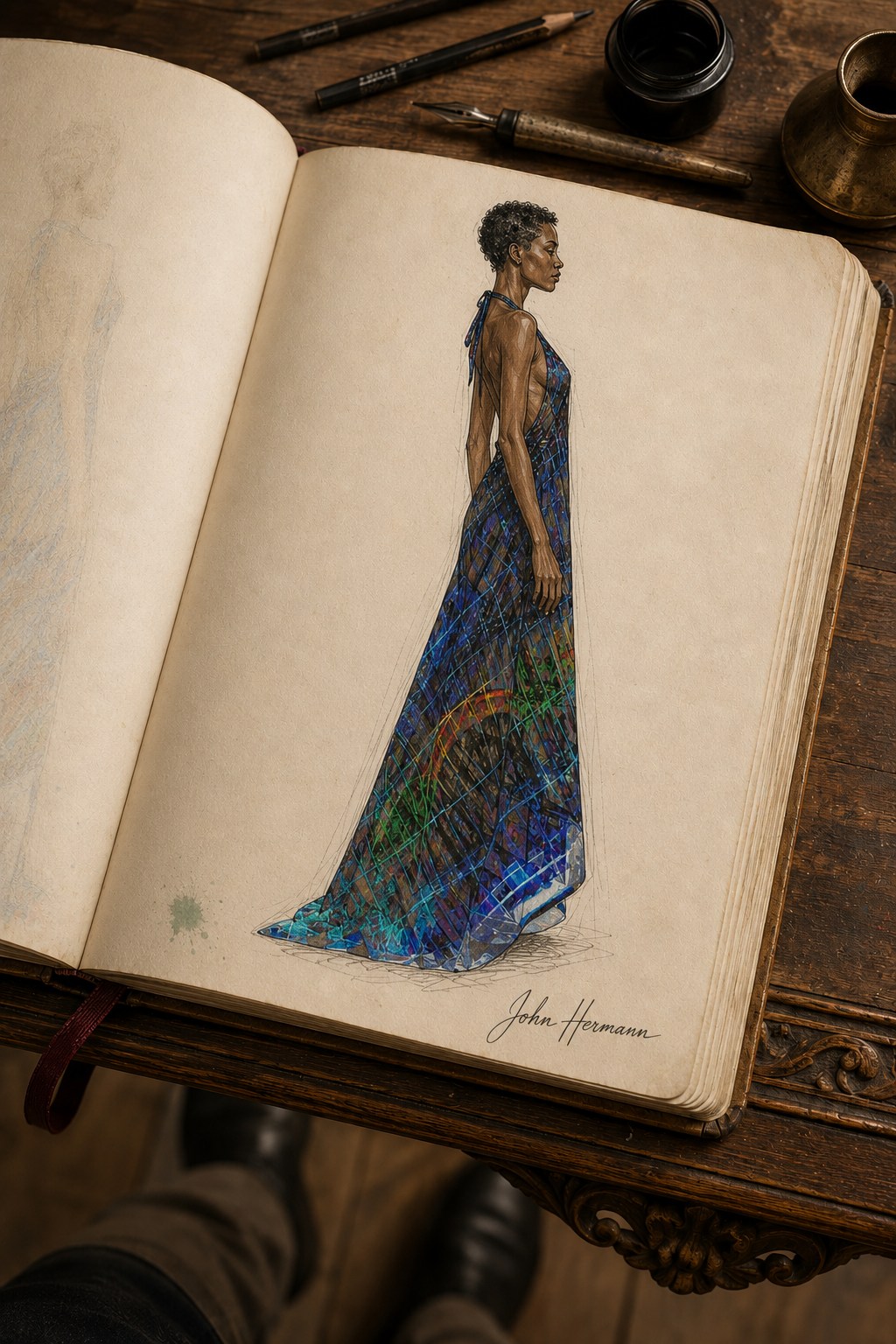 Temple of Time Halterneck backless dress — Handbook right-profile sketch