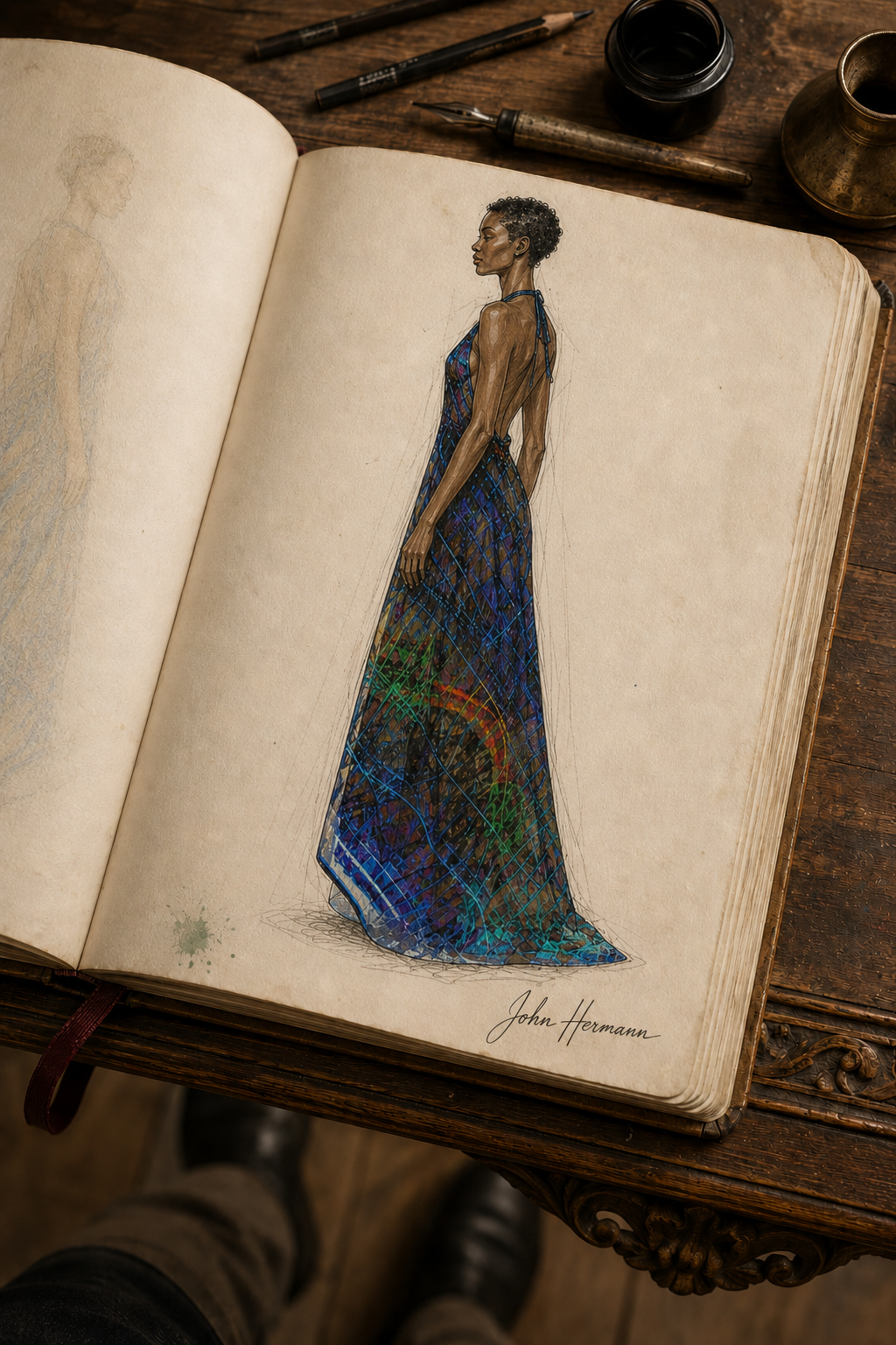 Temple of Time Halterneck backless dress — Handbook left-profile sketch