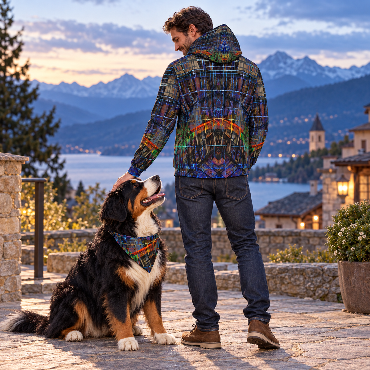 Temple of Time Hoodie — back owner and dog companion