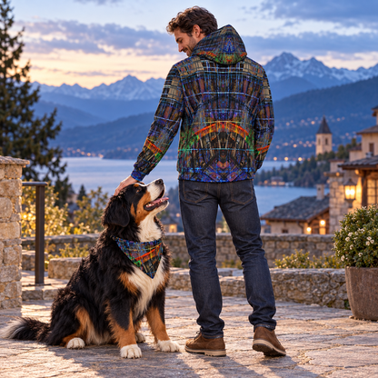 Temple of Time Hoodie — back owner and dog companion
