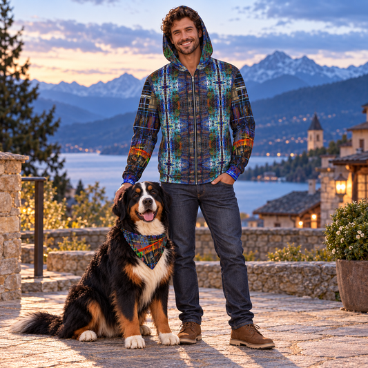 Temple of Time Hoodie — front owner and dog companion