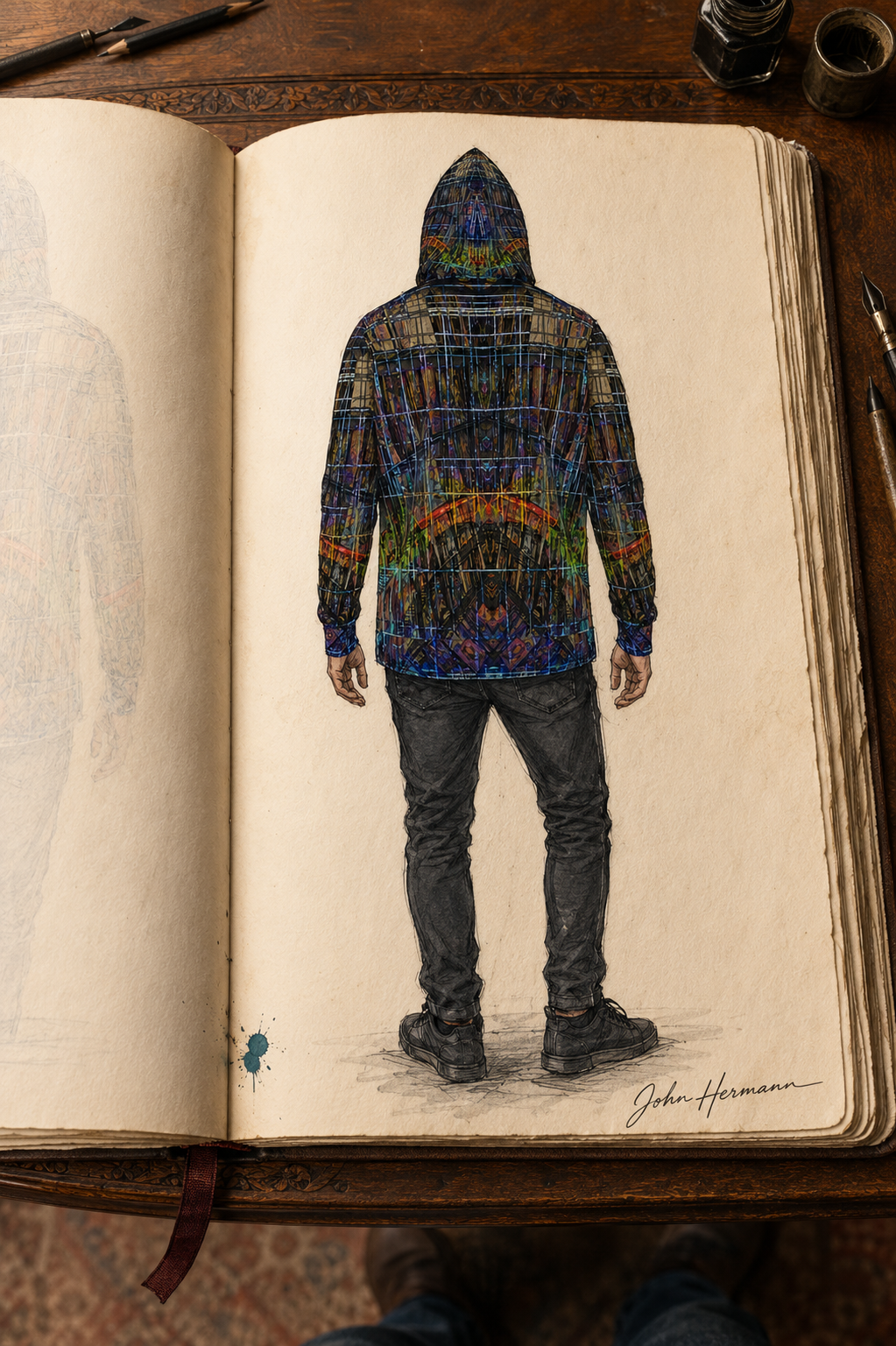 Designer Handbook back view of Temple of Time Hoodie with raised hood