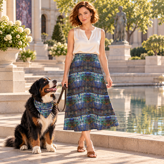 Temple of Time Midi Skirt — Owner and Bernese Mountain Dog companion cover — navy, olive and teal architectural artwork on calf-length A-line silk satin skirt