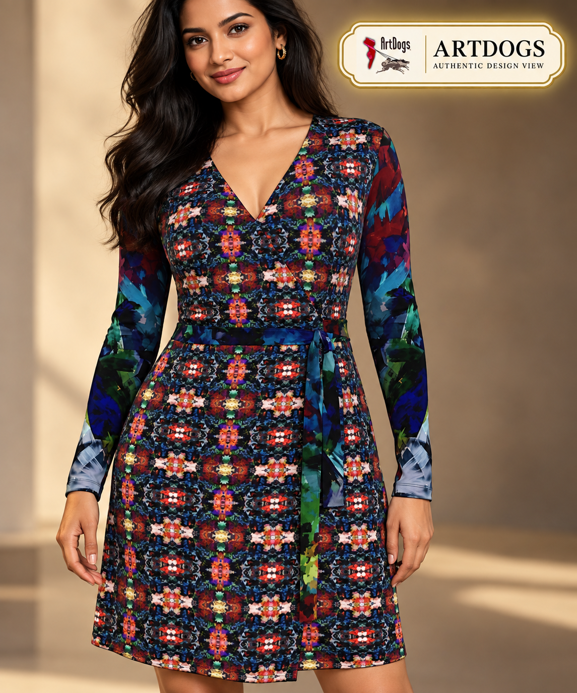 Too Many Flowers 2 Above-the-Knee Wrap Dress, Authentic Design View closer front wrap and waist tie, Solange Silky Jersey