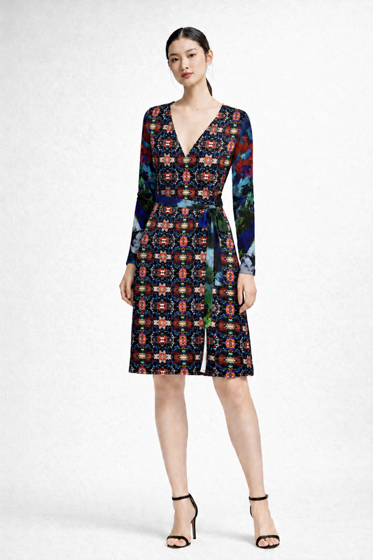 Corrected Too Many Flowers 2 above-the-knee wrap dress front model photo